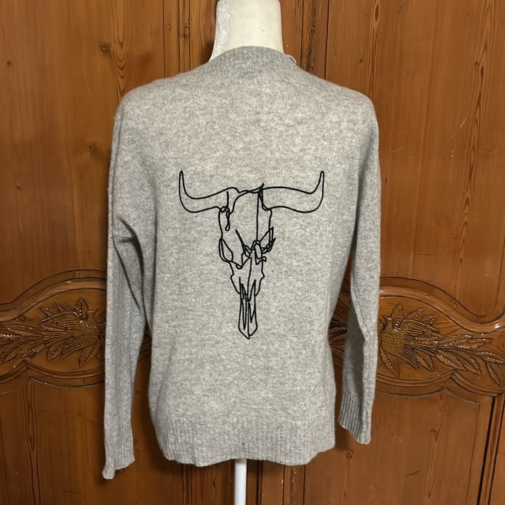 Skull Cashmere Sweater Featuring Embroidered Cattle Skull on Back. XS
